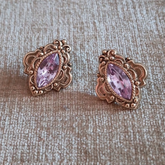 Gold Tone Pink Rhineston Post Earrings - Picture 3 of 6